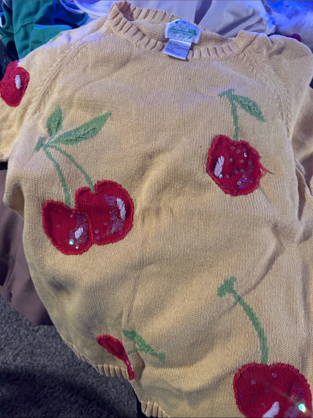 Yellow Cherry Appliqué Crewneck Sweater